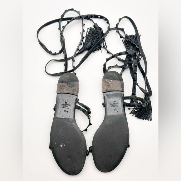 Valentino Garavani Rockstud Gladiatore Sandals Black Leather Ankle Tie EU 37 US7 - Picture 7 of 13